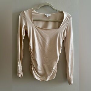 Reiss Beige Alys Square Neck Long Sleeve Ruched Top